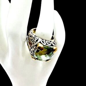 LOIS HILL Green Amethyst Cushion Cut Sterling Silver Gold Trim Ring Sz 8 RARE